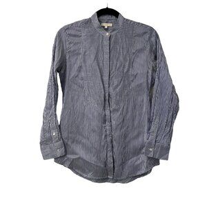 Ann Mashburn Blue Pinstriped Silk Collarless Long Sleeve Button Shirt Womens S